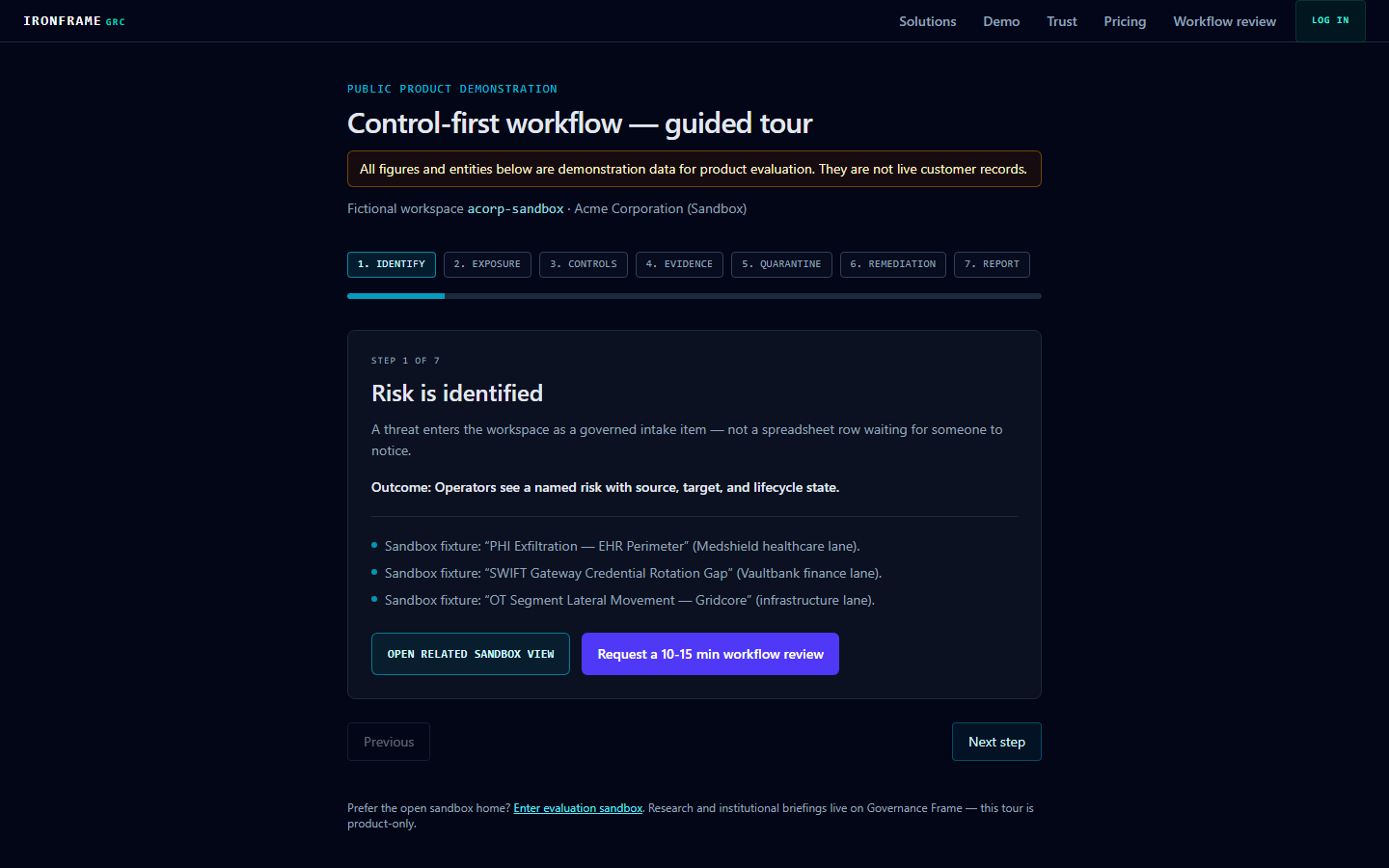 Screenshot of the Ironframe guided product demonstration