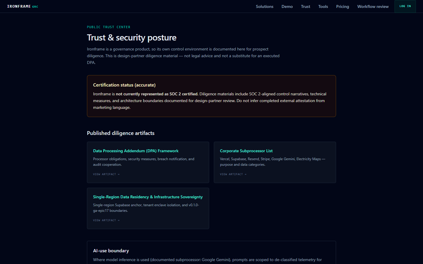 Screenshot of the Ironframe public Trust Center